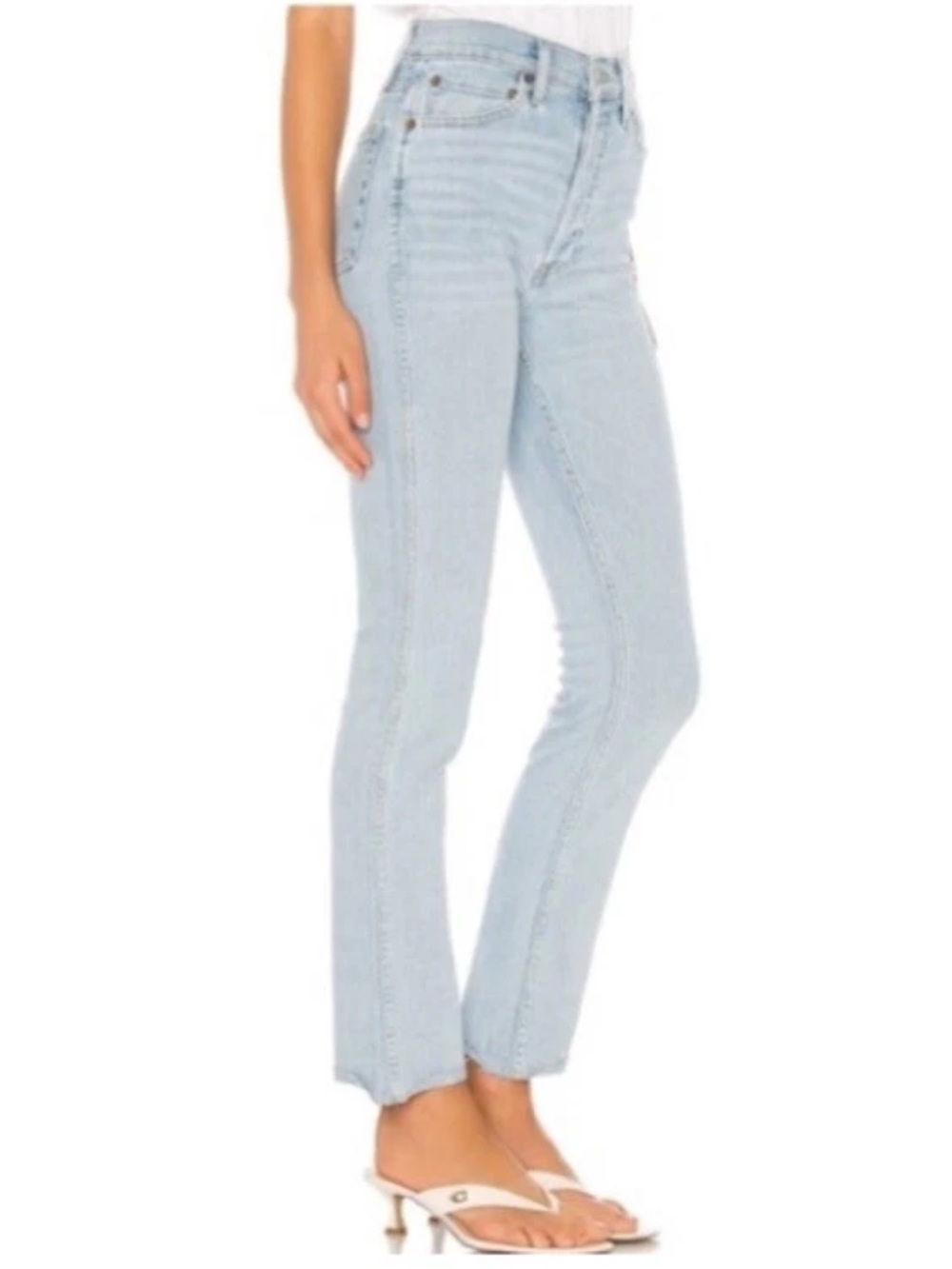 $250 RE/DONE Originals ’80s Slim Straight Jeans Light Wash Raw Hem Size 25